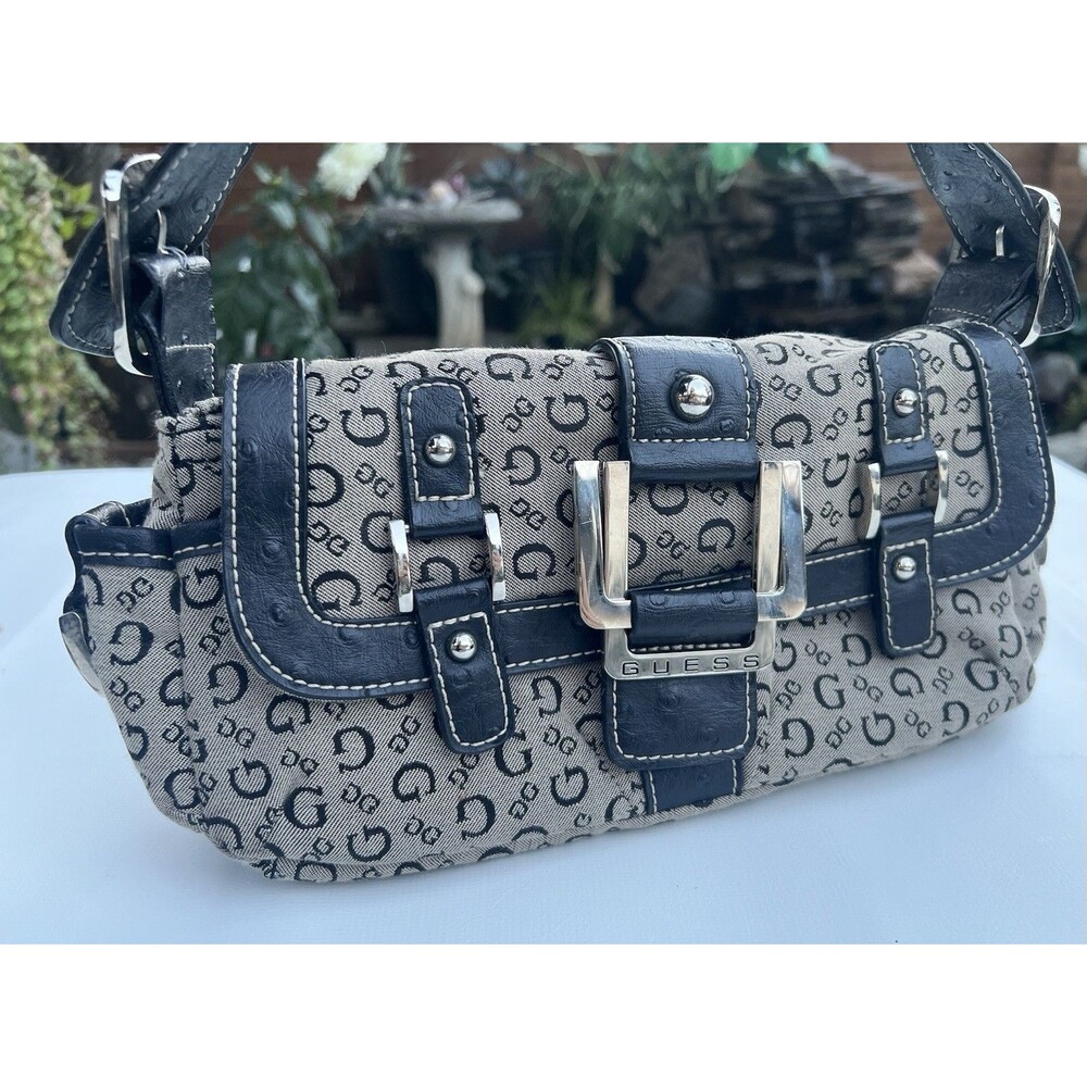 Vintage Y2K GUESS Monogram Canvas Baguette Bag Chunky Silver Buckle Purse